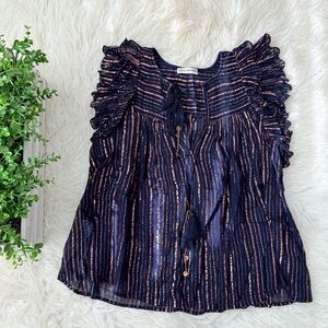 Ulla Johnson Navy and Pink Metallic Bead Ruffle Blouse 0